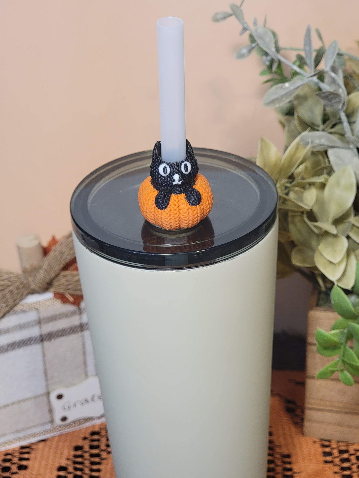 Cat in Pumpkin Straw Topper